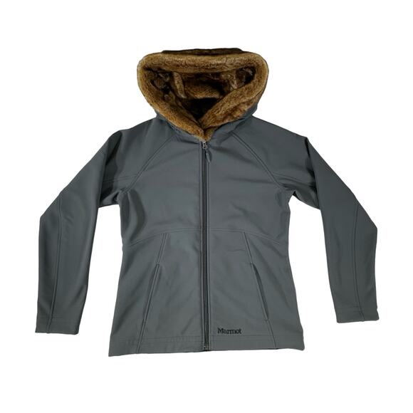 Marmot Womens Jacket Size Medium Gray Fleece Inside Faux Fur Hoodie Zip - Picture 1 of 8